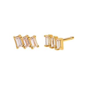 Minimalist geometric S925 silver needle stud earrings with baguette zircons in gold