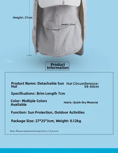 Details des grauen schnelltrocknenden Outdoor-Sonnenhuts mit 7 cm Krempe und abnehmbaren Teilen