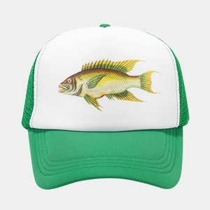 Detailansicht der grün-weißen Mesh-Trucker-Kappe mit farbenfrohem Fisch-Grafikdruck