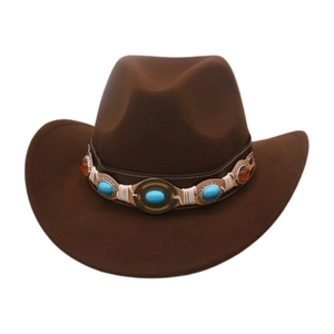 Close-up of brown felt fedora hat band featuring turquoise and amber gemstone accents