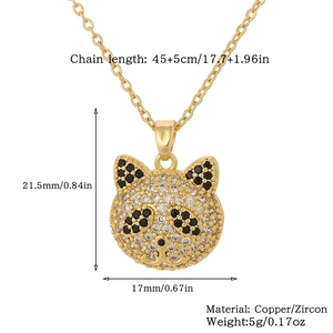 Detail of panda pendant with black and white zircons showing size 21.5x17mm and 45cm chain