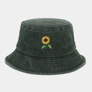 Close-up of vintage washed cotton bucket hat with detailed yellow sunflower embroidery