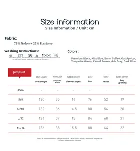 Size chart for zipper short sleeve yoga jumpsuit with material and multi-color details