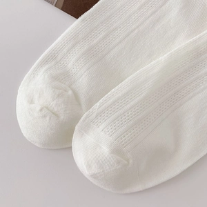 Close-up of white ribbed knit socks toe detail with breathable mesh cotton texture
