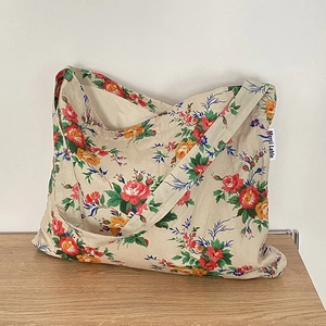 Vintage Floral Print Canvas Tote Bag Large Capacity Women Casual Shoulder Bag Daily Use Inner Pocket Handbag