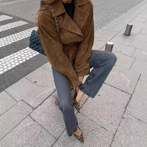 Women's brown faux suede jacket with notched collar and waist belt for autumn outfits