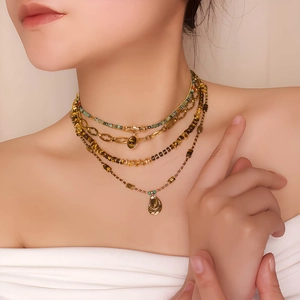 French vintage layered tiger eye bead necklace with stainless steel circular pendant