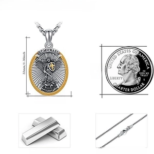 Two-tone St. Michael medallion pendant necklace in 925 silver with stainless steel chain