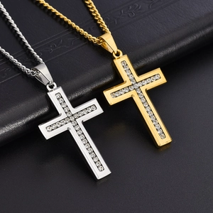 Collane con ciondolo a croce in acciaio inossidabile oro e argento con doppi zirconi