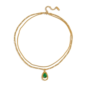 Double-layered golden stainless steel necklace with green aventurine teardrop pendant