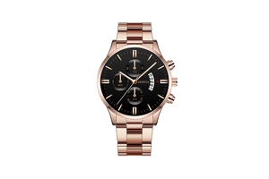 Macro shot of rose gold steel watch strap with black three-eye calendar dial details