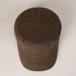 Top view of olive brown distressed cotton military cap with vintage frayed edge details