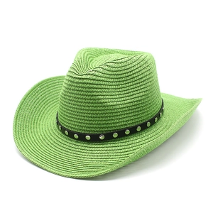 Detailed view of green woven straw cowboy hat with black studded leather band