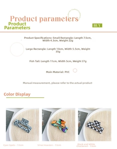 Detailed size and weight chart for PVC claw clips with floral and checkered patterns
