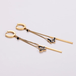 Fashionable butterfly tassel drop earrings in gold stainless steel with black beads