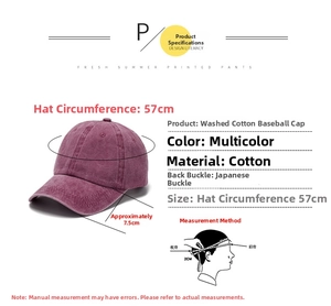 Size chart for washed cotton baseball cap with adjustable metal buckle and measurements