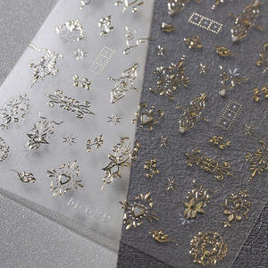 Golden Baroque style nail stickers with vintage floral patterns and M-629 gold foil details