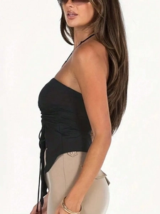Y2K style black strapless tube top with side drawstring ruching and slim fit design