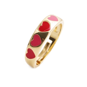 Adjustable gold plated copper ring with red and pink enamel hearts on a white background