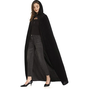 Long black hooded velvet cloak for Halloween costumes shown on a side profile model
