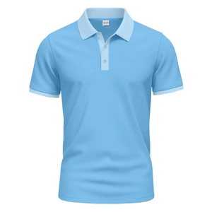 Close-up of light blue polo shirt collar featuring breathable honeycomb mesh fabric