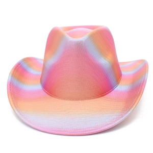 Close-up of rainbow gradient western cowboy hat with holographic metallic finish texture