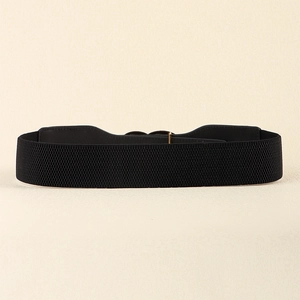 Detailed side view of black elastic corset belt with braided texture and gold buckle