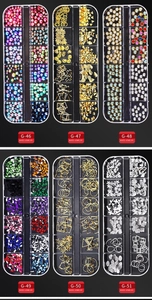 Detailed view of 6 sets of mixed nail art charms with pearls, rivets, and rhinestones