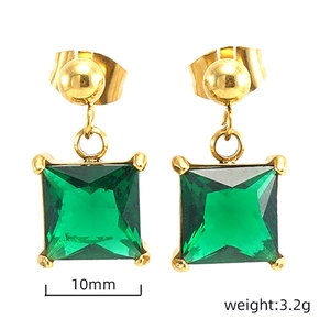 Detailed view of 10mm square green zircon earrings in gold-tone stainless steel settings