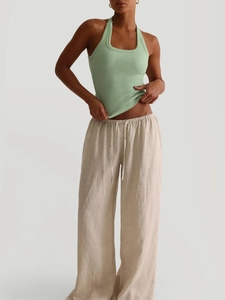 Damen Y2K Neckholder Top in Hellgrün und beige Leinenhose mit weitem Bein Set