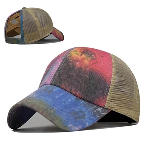 Women Criss Cross Ponytail Baseball Cap High Bun Mesh Trucker Hat Tie Dye Washed Cotton Breathable Sun Shade Outdoor