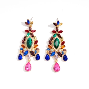 Vintage palace style chandelier earrings with colorful rhinestones in a gold metal setting