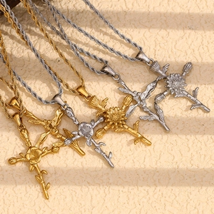 18K gold plated stainless steel necklaces with floral cross pendants in gold and silver
