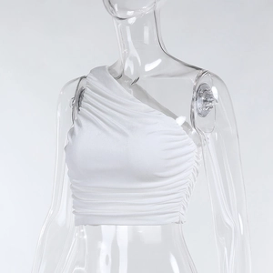 White one-shoulder ruched crop top detail, slim fit sexy sleeveless summer women shirt.