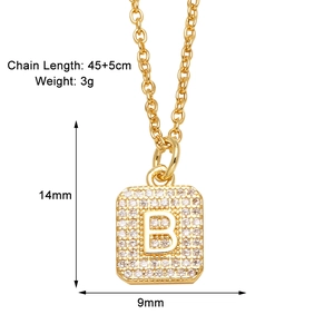 Detail of gold B letter pendant with cubic zirconia, size 14mmx9mm and 45+5cm chain