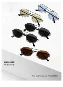 Macro detail of retro oval metal sunglasses with double bridge in five color gradients