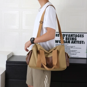 Men's large capacity canvas travel tote bag in khaki and brown patchwork style