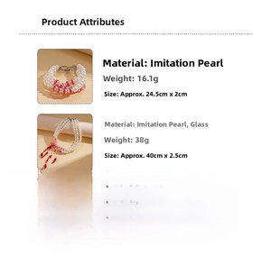 Détails du bracelet en perles et collier à pompon en verre rouge avec dimensions