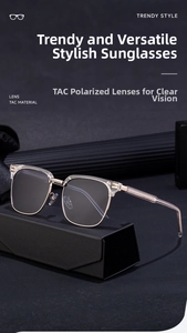 Detail view of TAC polarized lenses and gold metal semi-rimless frame on glasses case
