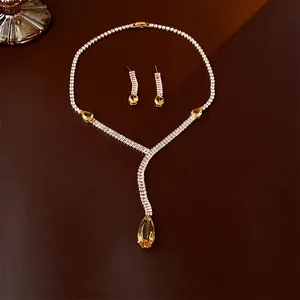 Elegant Yellow Teardrop Zircon Y-Shape Necklace And Dangle Earrings With Silver Earring Post Luxury Jewelry For Women