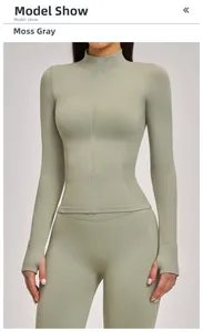 Detail of Moss Gray slim fit yoga jacket with stand collar, full zipper and thumb holes