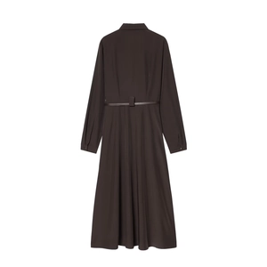 Deep brown long-sleeve midi dress with matching waist belt, back view A-line silhouette