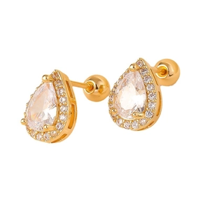 Golden teardrop stud earrings with pear-cut zircon and screw back closure on white background