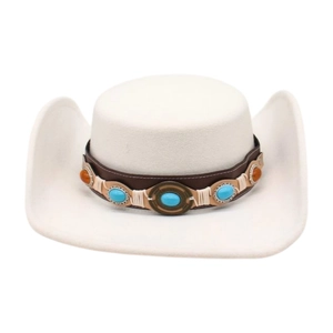 Cappello da cowboy bianco a tesa larga con fascia in pelle e perline di turchese