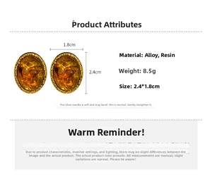 Detailed size and material specs for vintage amber resin oval earrings with gold alloy frame