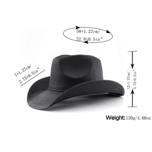 Detailed size specifications for the black woven straw western cowboy hat for sun protection
