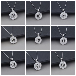 Initial Letter Pendant Necklace Silver Plated Copper With Zircons Round Shiny Fashion Jewelry For Women