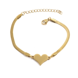 Detail of a golden heart charm bracelet with snake chain and adjustable lobster clasp