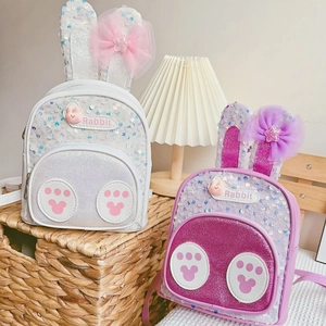 Sparkly sequin rabbit ears backpack for girls with cartoon bow and paw prints
