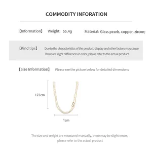 Size chart for long pearl necklace with zircon charms including weight and measurements